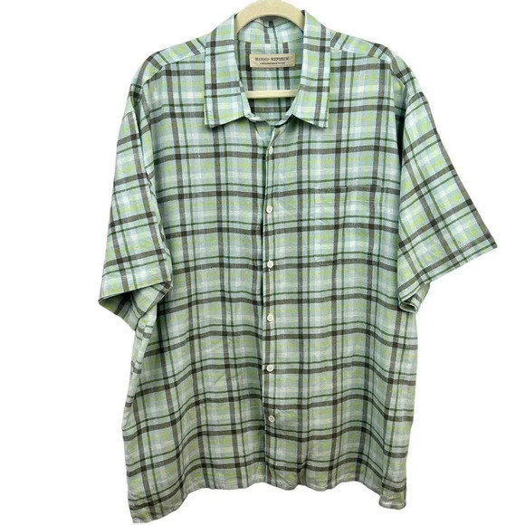 Island Republic Shirt, 100% Linen, Button Front, Plaid Pattern, Blue Green, XL - Picture 1 of 6